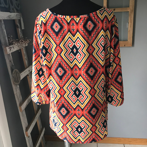 Alya Coral Navy Gold Aztec Tunic Blouse L - Picture 5 of 8